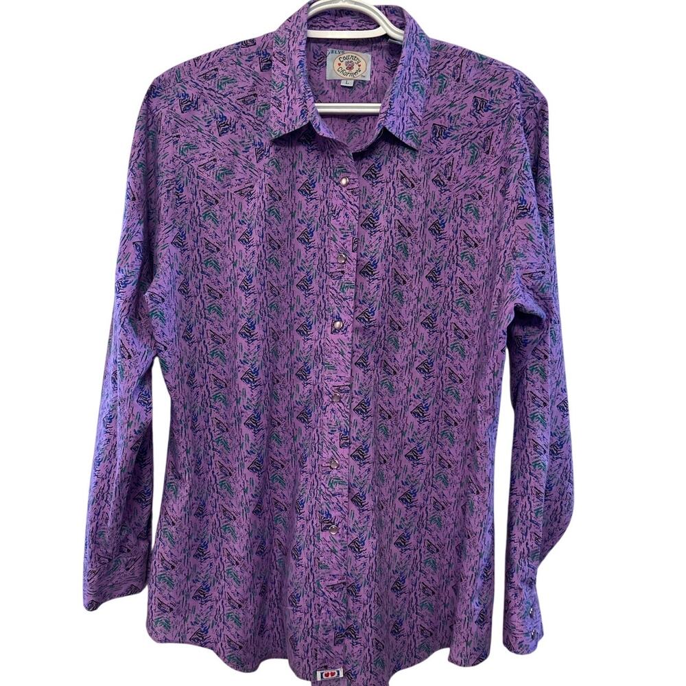 Elys Country Charmers Purple‎ Black Green Snap Button Long Sleeve Blouse Size L